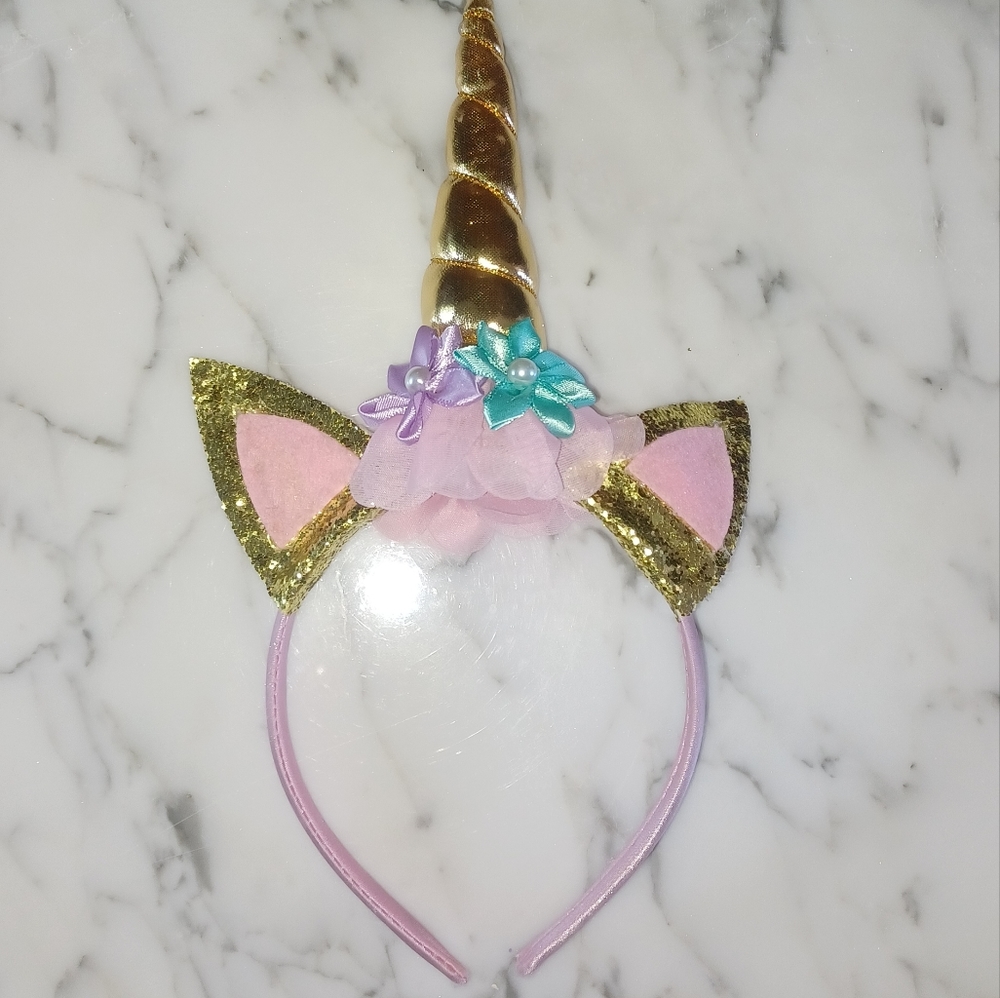 Unicorn Horn Headband with gold sparkles purple and green flowers pearls